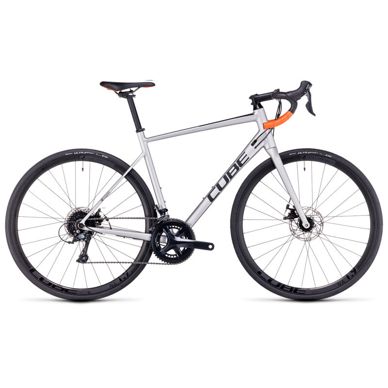 Bicicleta de ruta CUBE Attain Pro Silver'n'Orange 2023 / Transmisión 2x9 velocidades