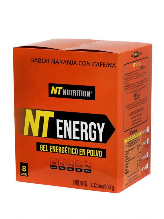 NT NUTRITION ENERGY GEL EN POLVO Sabor: Naranja con cafeina PORCIONES INDIVIDUALES CAJA/EXHIBIDOR CON 8 SOBRES