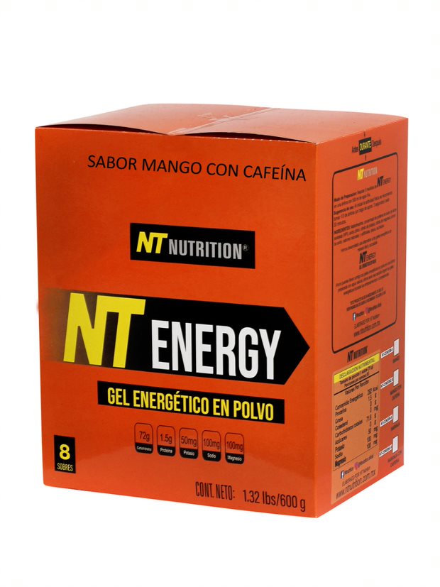 NT NUTRITION ENERGY GEL EN POLVO Sabor: Mango con cafeina PORCIONES INDIVIDUALES CAJA/EXHIBIDOR CON 8 SOBRES